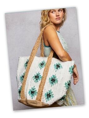 POL NWT Woven Floral Crochet Tote Bag in White and Mint
